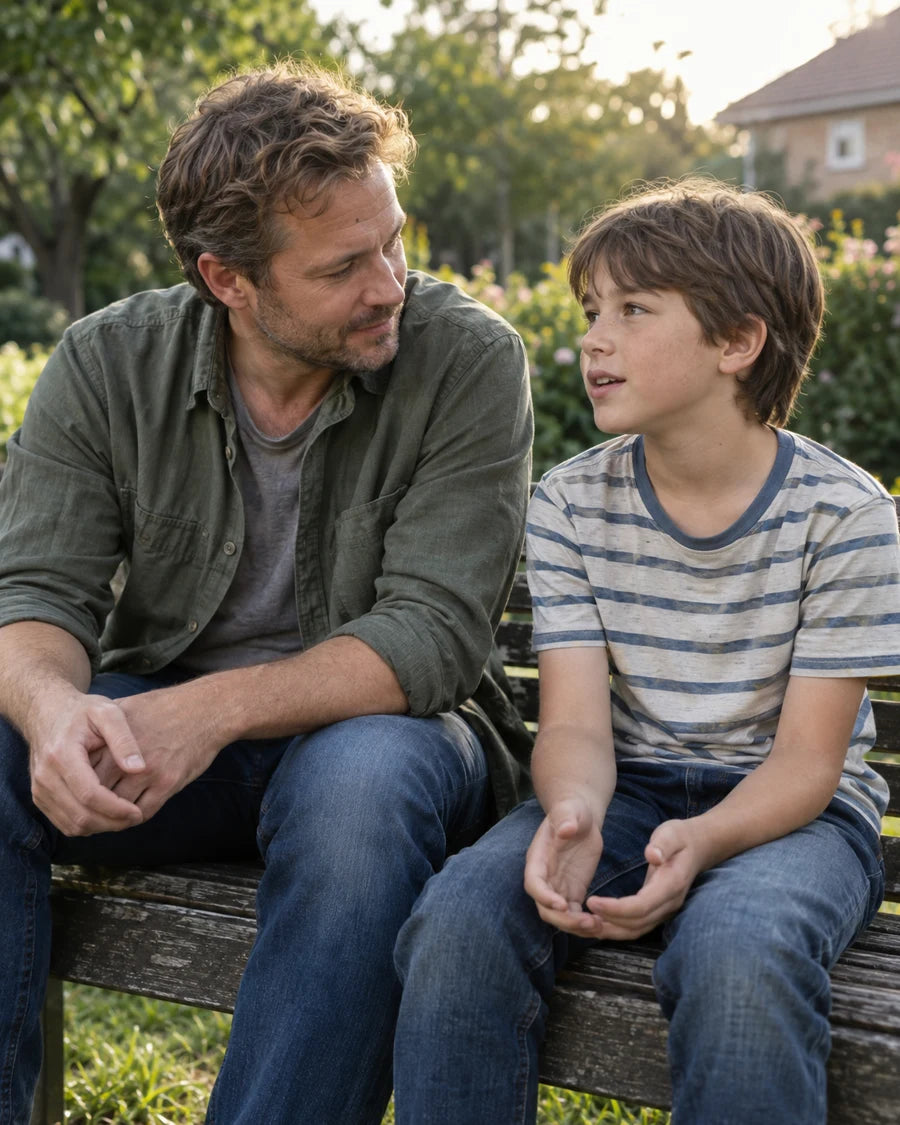 A father listening to his son on a garden bench
