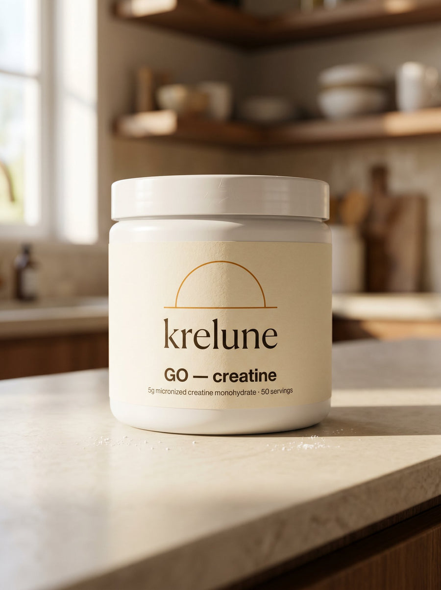 Krelune GO Creatine tub on a sunlit kitchen counter — 5g micronized creatine monohydrate, 50 servings