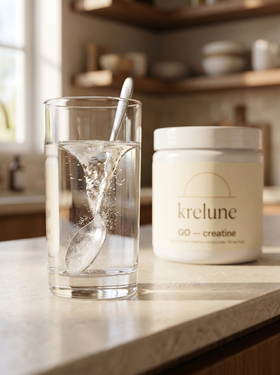 Micronized creatine powder dissolving clear into a glass of water
