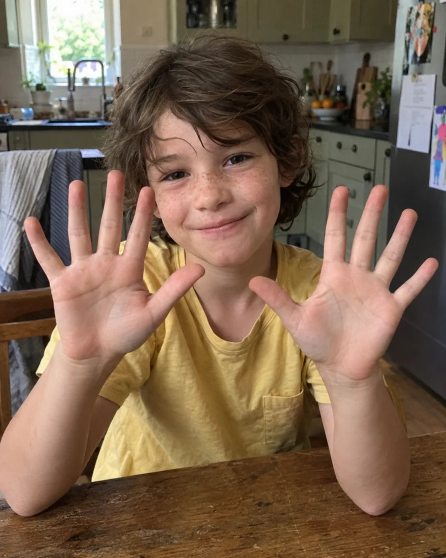 A child showing both open hands with a small smile