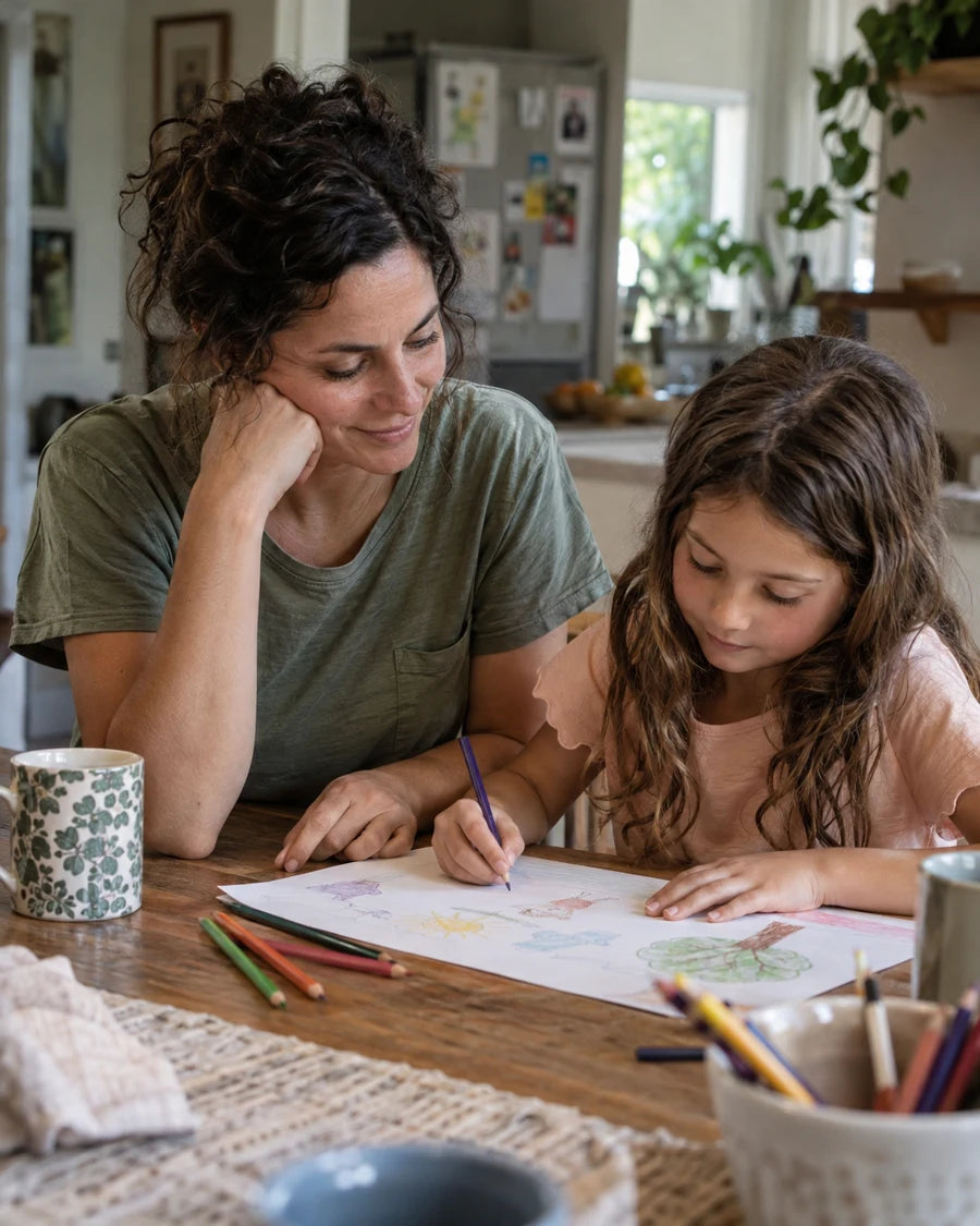 A mother and daughter drawing together at their kitchen table