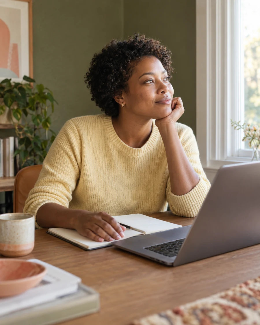 A woman pausing at her desk beside a notebook and laptop