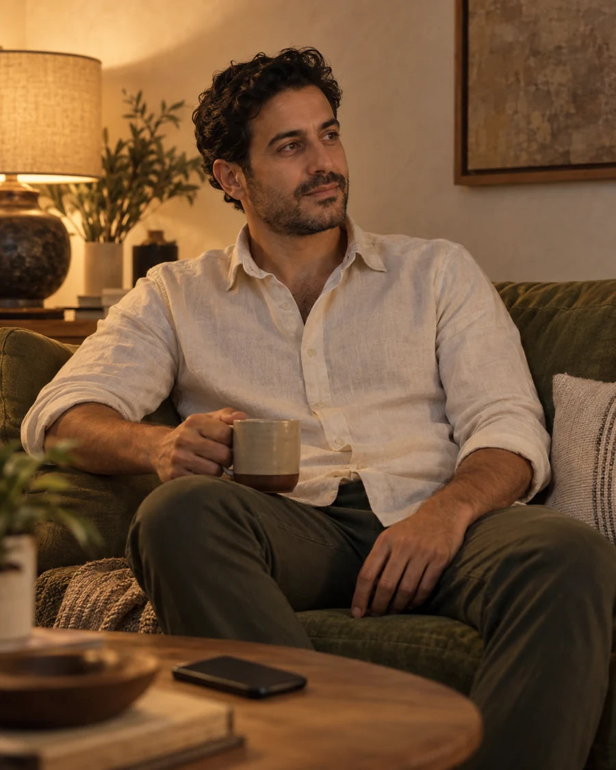 A man taking an evening pause on an olive sofa with his phone set down