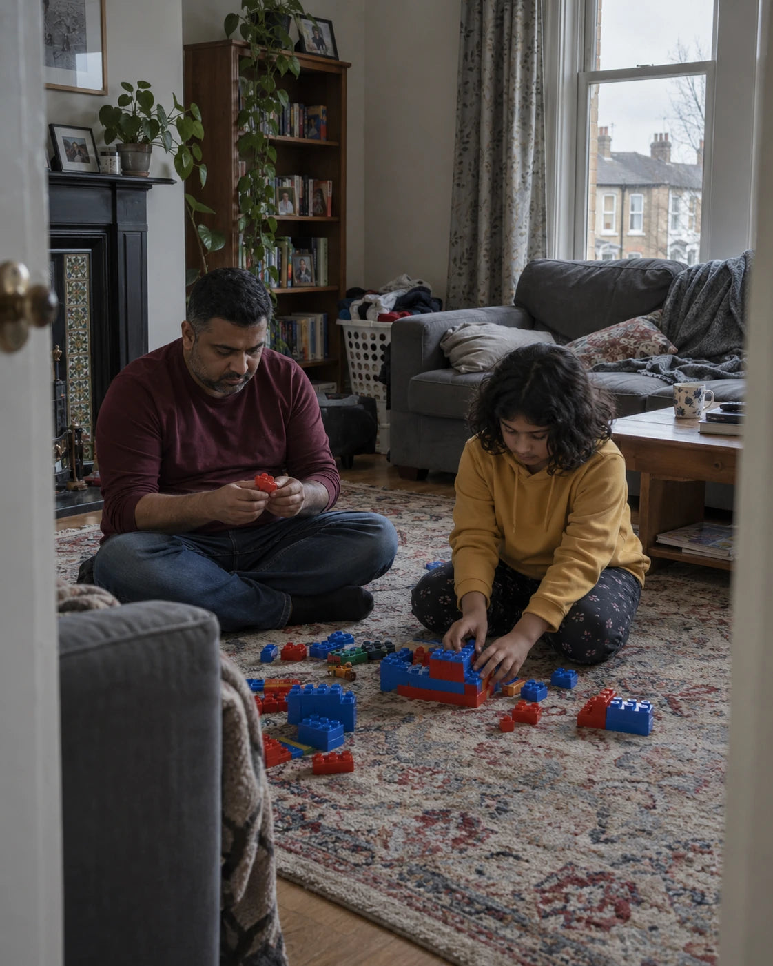 A father and daughter concentrating on building blocks on their living room floor