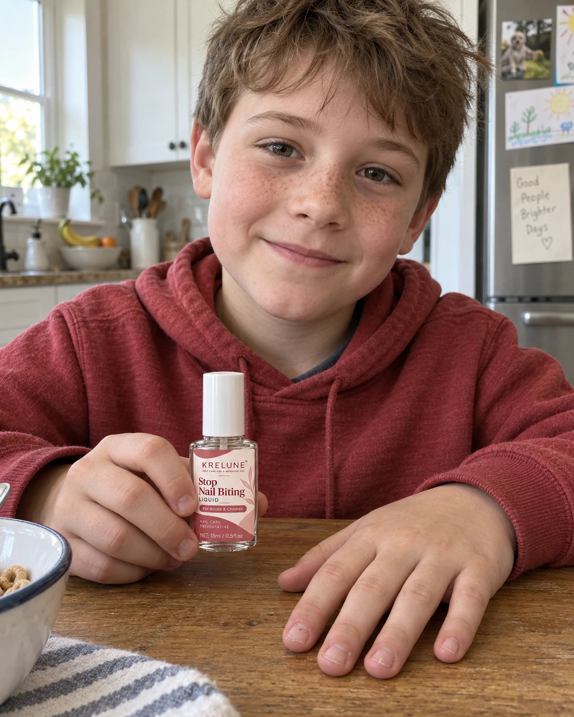 Illustrative child portrait with a closed Krelune polish bottle and short uneven nails