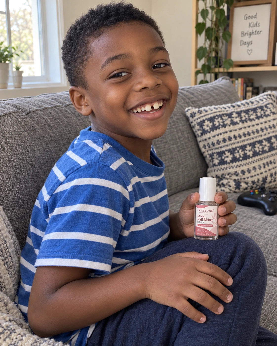 Illustrative child portrait with a closed Krelune polish bottle and short uneven nails