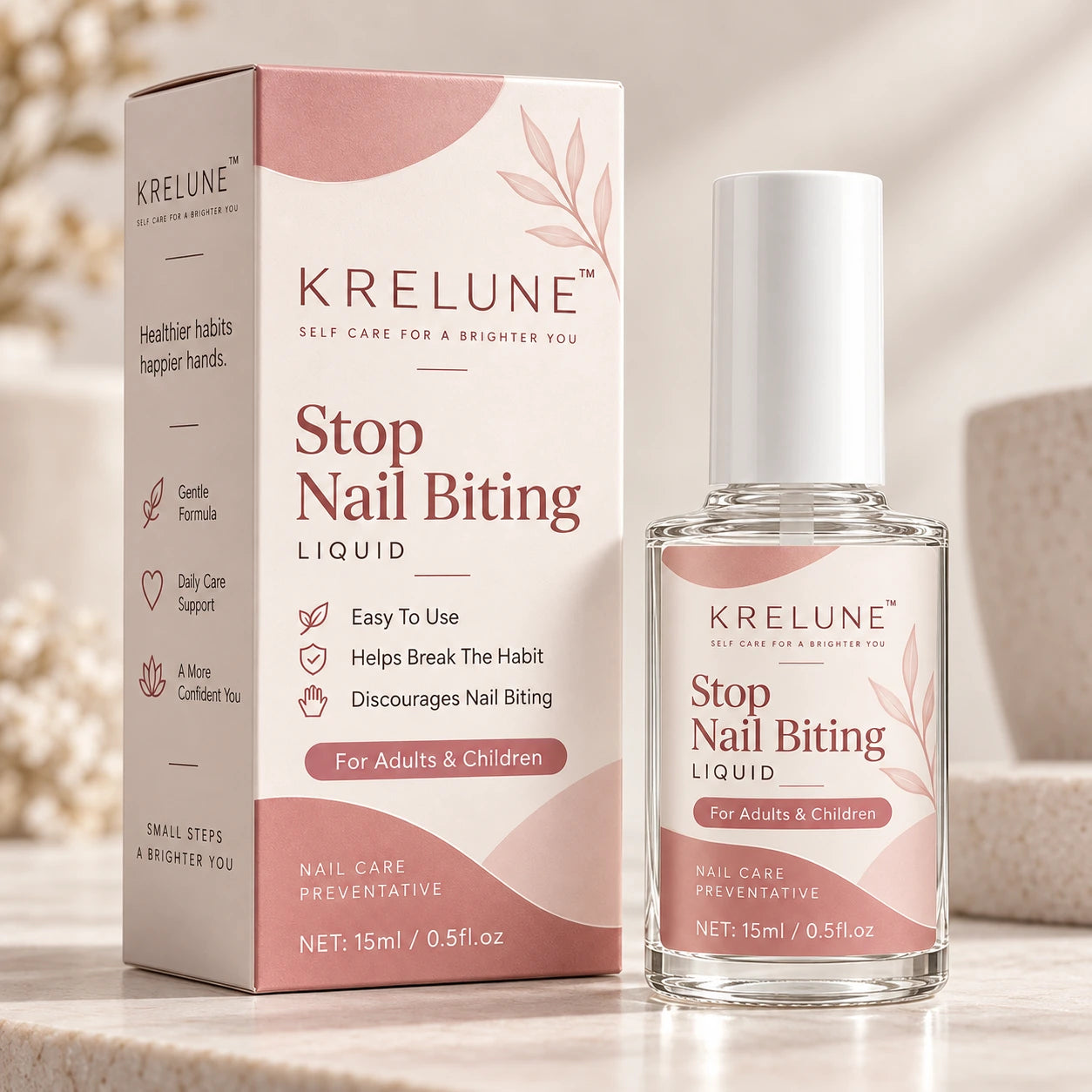Krelune clear bitter nail polish with its brush-cap bottle and packaging