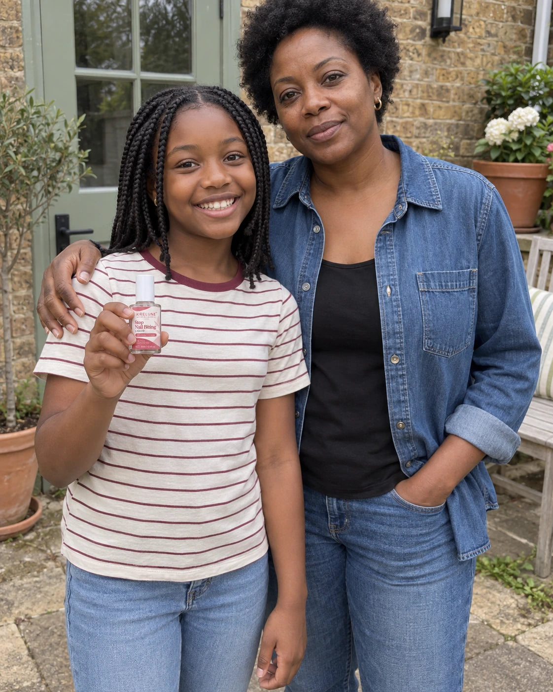 A mother and daughter standing together on their patio, the daughter holding the closed Krelune bottle