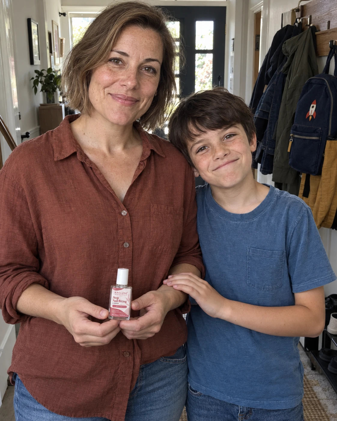 A mother and son standing in their hallway with the closed Krelune polish bottle