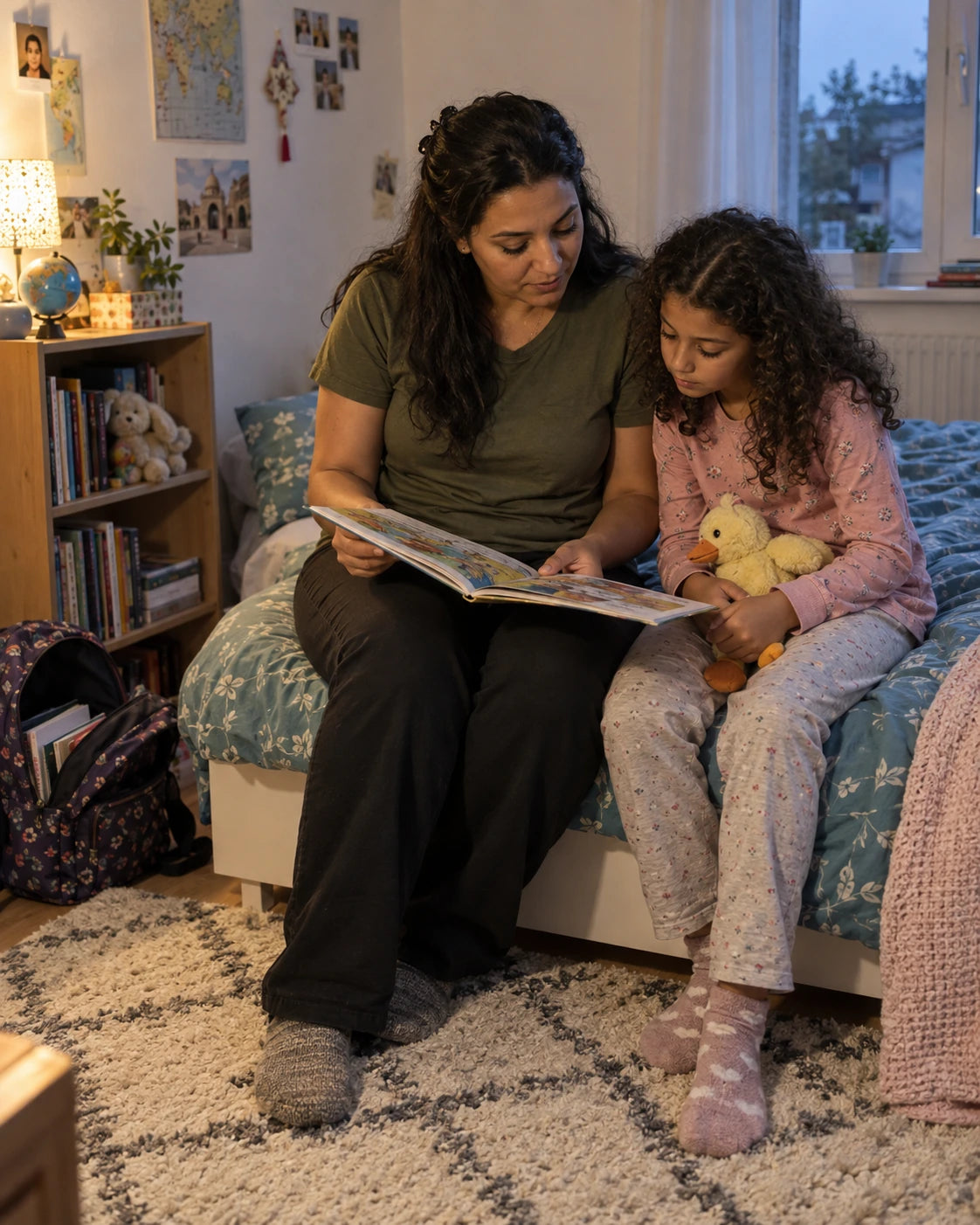 A different mother and daughter both reading a book on the edge of a bed