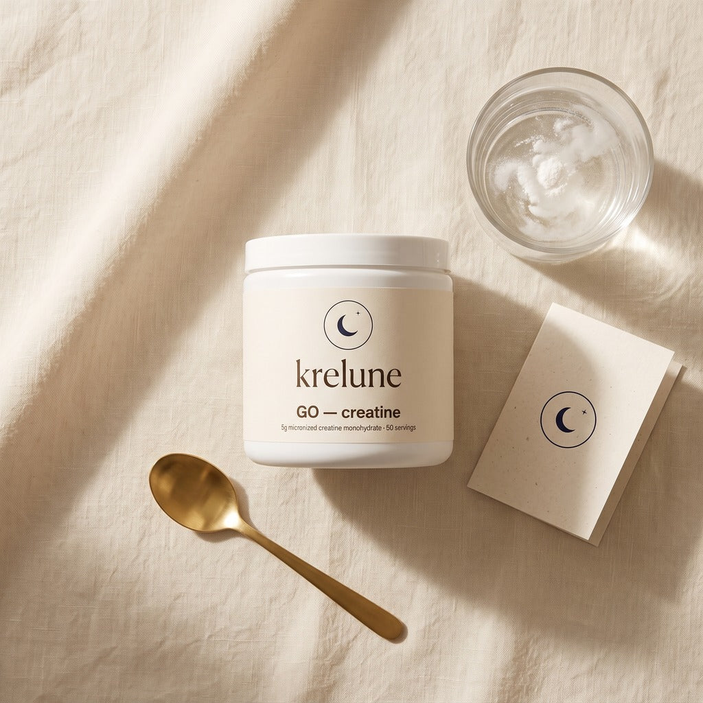 Overhead flatlay in warm morning light — an open jar of cream, a glass of water, a blush roller and a ritual card resting on soft bone-coloured linen