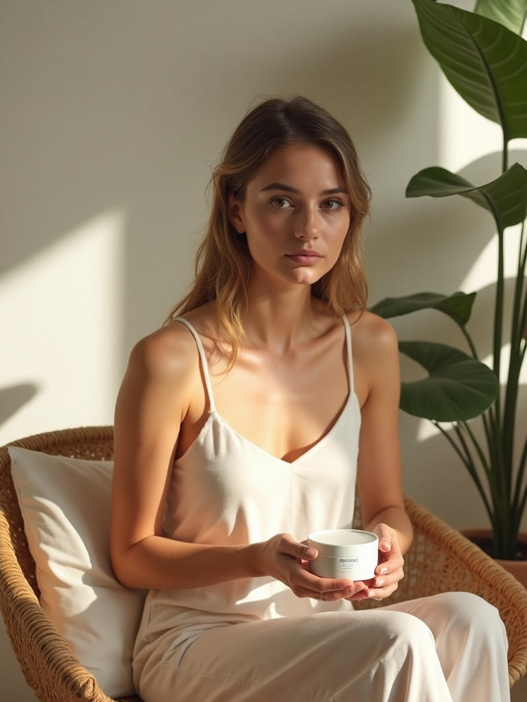 Someone sitting quietly in a rattan chair beside a plant, holding a small white Krelune jar in both hands