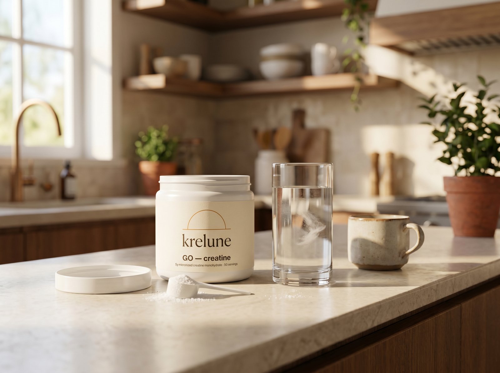 A Krelune GO creatine jar open on a stone kitchen counter beside a glass of water, a scoop of powder and a ceramic mug in warm morning light