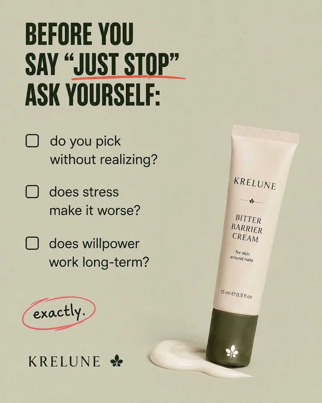 Campaign poster: the line 'Before you say just stop' printed above three questions about picking without realizing, stress making it worse, and willpower not lasting.