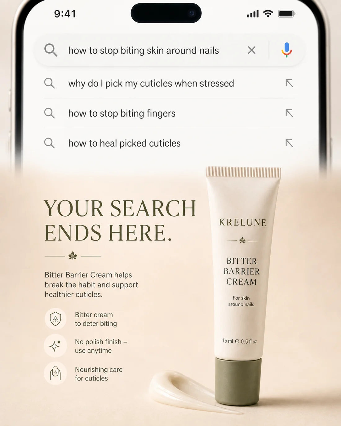 A phone searching how to stop biting skin around nails, why do I pick my cuticles when stressed, how to stop biting fingers, how to heal picked cuticles. Your search ends here: Bitter Barrier Cream helps break the habit and support healthier cuticles.