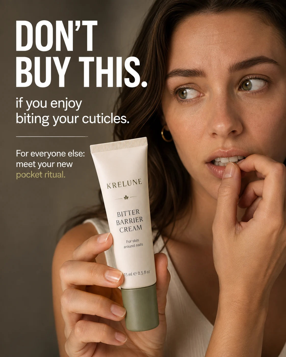 Headline: don't buy this, if you enjoy biting your cuticles. For everyone else: meet your new pocket ritual. A woman holds the Krelune Bitter Barrier Cream, fingers at her mouth.
